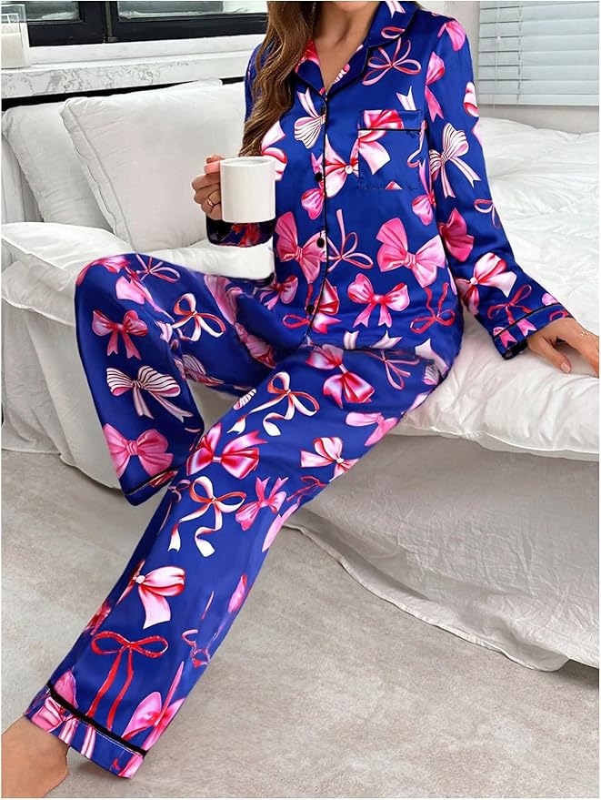 WDIRARA Women's 2 Piece Bowknot Print Satin Pajama Set Long Sleeve Button Down Lounge Pants Sleepwear Sets
