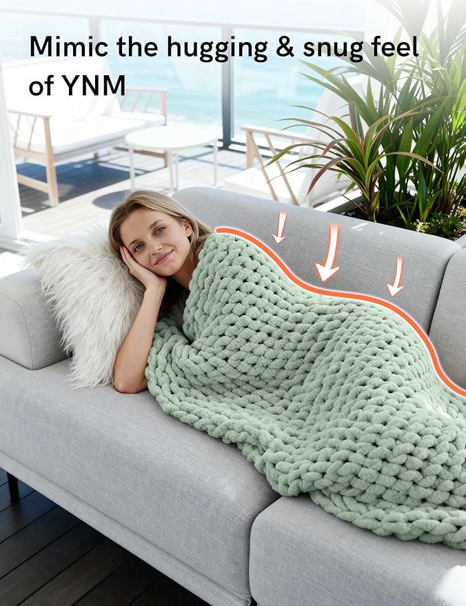YnM Chunky Throw Blanket, Medium-Weight, Hand Knitted with Chenille Yarn, Skin Friendly, Ventilated and Breathable, Machine Washable, Home Décor Piece for Couch, Sofa and Bed (Sage Green, 30x40 Inch)