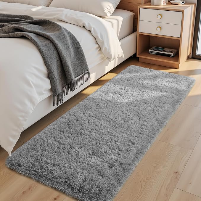 Macgace Fluffy Runner Rug, 2x6 Grey Washable Hallway Area Rugs for Bedroom Living Room Kitchen Laundry, Long Shag Rug with Non Slip Rubber Backing Fuzzy Entryway Carpet Modern Home Decor