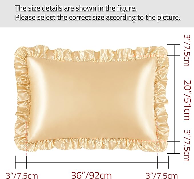 Silky Satin Ruffled Pillow Cases for Hair and Skin,Gold Silk Pillowcases King Set of 2 with Envelope Closure Princess Room Decoration