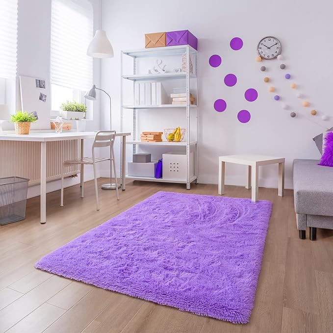Noahas Fluffy 5x8 Purple Rugs for Bedroom Girls,Shaggy Area Rugs for Living Room,Thick Shag Throw Floor Carpet,Soft Non-Slip Dorm Nursery Kids Rug Home Decor Aesthetic