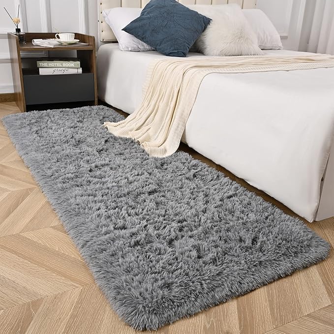 Grey Runner Area Rugs for Bedroom Living Room, 2x6 Feet Fluffy Bedside Rugs, Soft Shaggy Carpet Rug for Kids Room Nursery, Furry Cute Rugs for Girls Boys Dorm Room Home Decor