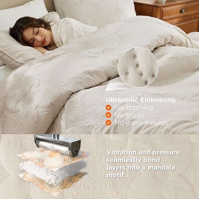 Bedsure Quilts Queen Size - Beige Bedspread Queen Size & Lightweight Comforter, Modern Coverlet with Mandala Pattern, Ultra Soft All-Season Bedding, 90 x 96 Inches | Stitch-Free Quilting, Ultra Soft, Lightweight, Machine Washable, Pet-Friendly