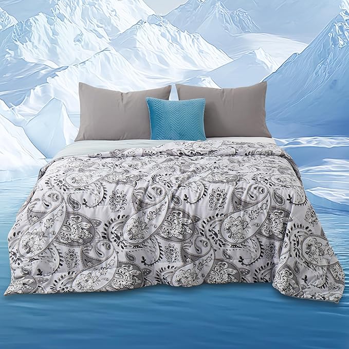 Cooling Comforter Queen Size, Cooling Blankets for Hot Sleepers, Breathable Lightweight Cold Blanket, Ultra Soft Thin Summer Bedding (Gray, Queen)