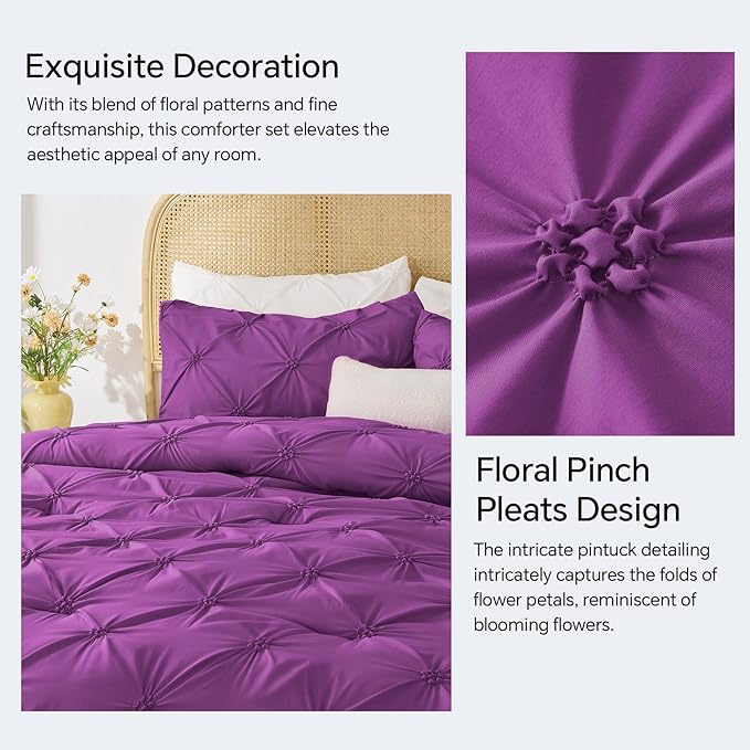 BEDELITE Purple Twin Comforter Set - 2 Peices Boho Pintuck Bedding Comforter Sets, Lightweight Soft & Warm Twin Bedding Sets with 1 Pillowcase for All Season