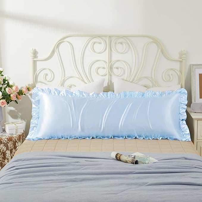 Light Blue Satin Pillowcases Body Pillow for Hair and Skin,Light Blue Body Pillow Silk Pillowcase with Envelope Closure Princess Room Decoration