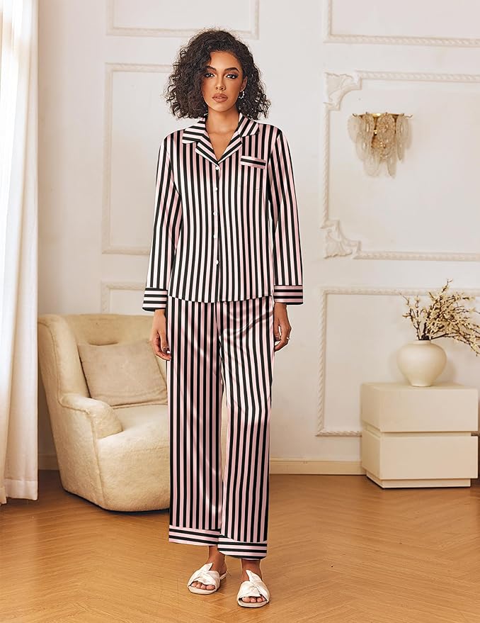 Ekouaer Womens Silk Satin Pajama Sets 2 Piece Sleepwear Pjs Set Long Sleeve Button Down Top and Pants Stripe Loungewear S-XXL