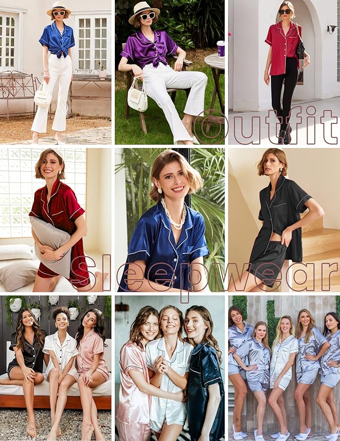 Ekouaer Silk Pajamas for Women Short Sleeve Sleepwear Soft Button Down Loungewear 2 Piece Satin Pjs Shorts Set
