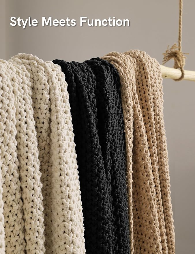 YnM Chunky Cotton Knit Throw Blanket, Cable Knit Throws for Bed Couch Sofa, Comfy & Relaxing, Decorative Piece for Farmhouse Modern Boho Rustic Scandinavian Chic Vibe, Black 80x87 Inches