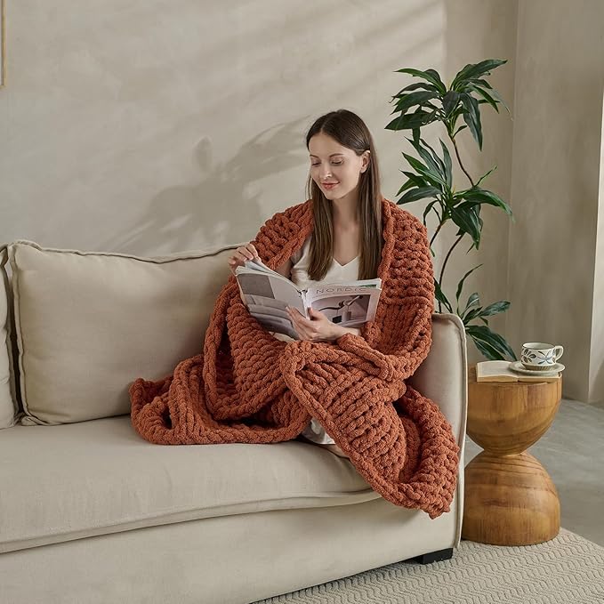 Soft Knitted Throw Blanket - 50x60 Inch Cozy & Lightweight All-Season Blanket, Wrinkle-Resistant Polyester for Couch, Bed, Sofa, Reading Nook (Orange)