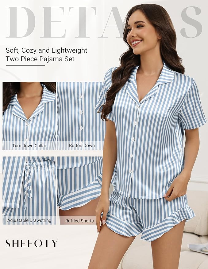 Silk Pajamas for Women Button Down 2 Piece Satin Pjs Shorts Set Ruffle Notch Collar Sleepwear Loungewear