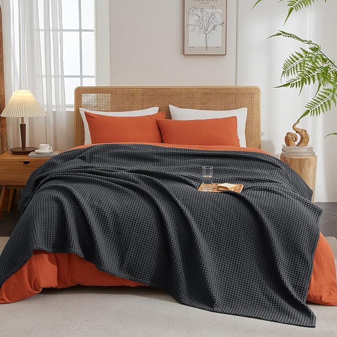 PHF Ultra Soft Waffle Weave Blanket Queen Size 90"x 90"- Washed Lightweight Breathablee Cozy Woven Blanket - Great for Couch Bed Sofa Home Car - Black