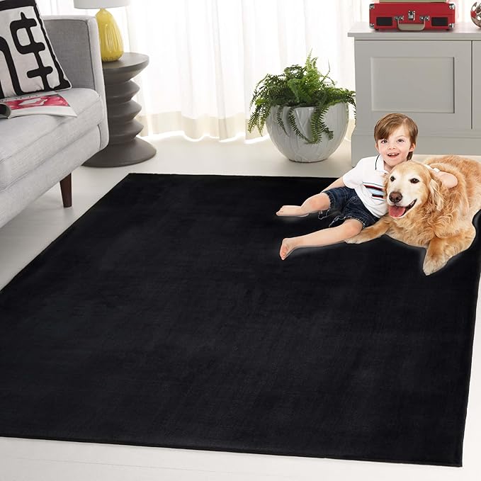SAFAVIEH Washable Rug Faux Rabbit Fur Shag Collection - 6' Round, Black, Slip Resistant & Easy Cleaning, Ideal for Living Room, Bedroom, Kids Playroom, Nursery, Dining Space (FRF100Z)