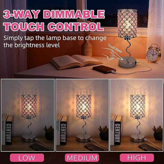 EOEYYOYB Crystal Table Lamp with 3 Way Dimmable Touch Control, Nightstand with USB A+C Ports, Modern Bedside Touch Lamp for Bedroom, Living Room, Office Reading, Pink