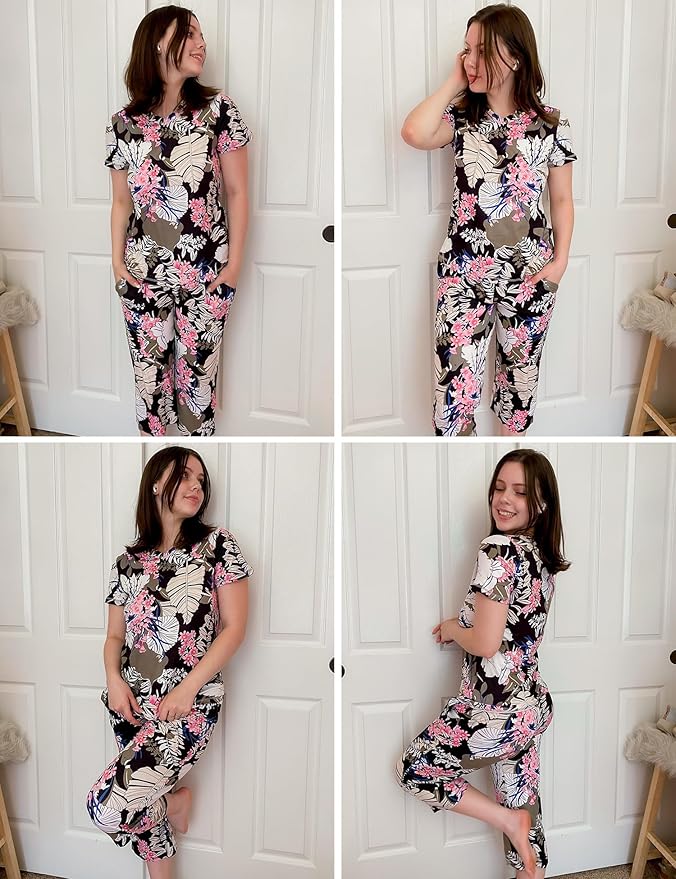 Ekouaer Women's Sleepwear Capri Pajama Sets Short Sleeve Two-Piece Pjs V Neck Tops & Capri Pants with Pockets S-3XL