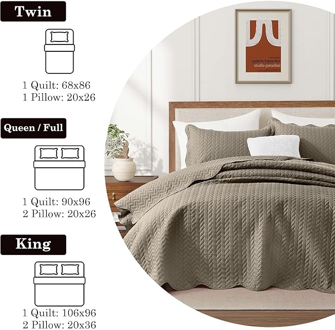 IR Imperial Rooms Queen Quilt Bedding Set Size (90" x 96") + 2 Pillow Shams (20" x 26"+ 2") - 3 Pcs All Season Lightweight Reversible Microfiber Coverlet Embossed Quilt Bedspread (Beige)