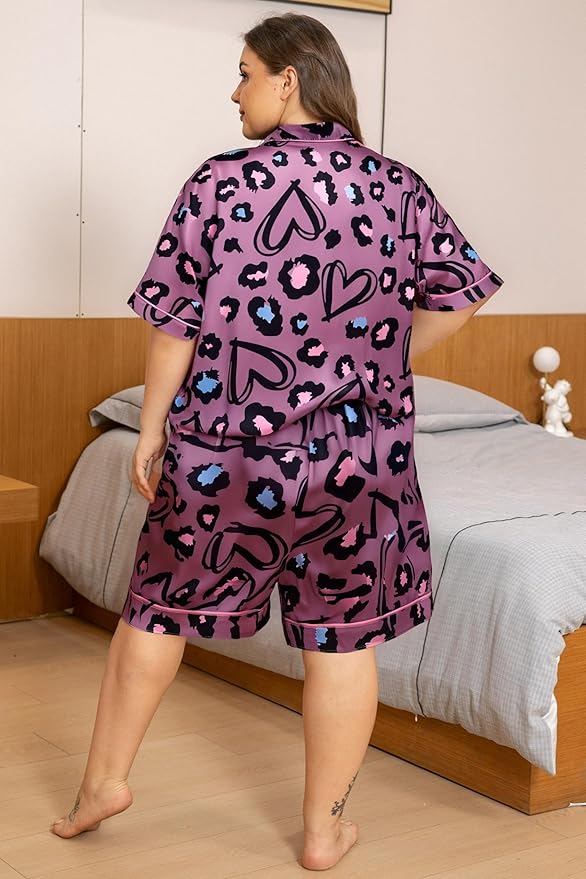 Vozanet Women's Short Sleeve Satin Pajama Sets Silky Ladies Button Down Loungewear Plus Size Nighty Shorts Sets XL to 5XL