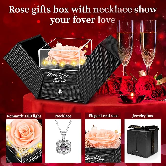 Lebana Preserved Red Champagne Real Rose with Heart I Love You Necklace -Eternal Flowers Rose Birthday Gifts for Women Her Mom Wife Girlfriend Grandma on Valentines Mothers Day Christmas Anniversary