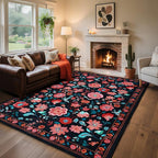 CRYPTOLITE Living Room Rug 6x9 Rug, Machine Washable Area Rug Non Slip Low Pile Floral Rug for Living Room, Bedroom, Farmhouse, Dining Room, Kids Playroom, Black