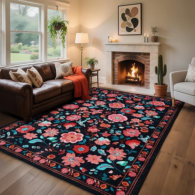 CRYPTOLITE Living Room Rug 6x9 Rug, Machine Washable Area Rug Non Slip Low Pile Floral Rug for Living Room, Bedroom, Farmhouse, Dining Room, Kids Playroom, Black