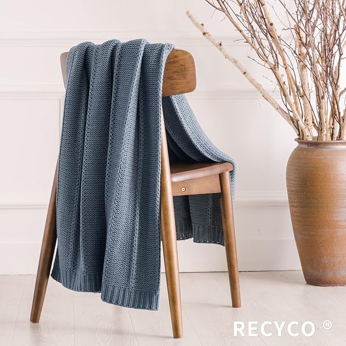 RECYCO Cable Knit Dusty Blue Throw Blanket for Couch, Super Soft Warm Cozy Decorative Knitted Throw Blanket 2.3LB for Bed, Sofa, Chair 50"x60"