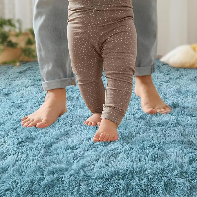 YJ.GWL Area Rugs for Living Room Bedroom, 8x10 Machine Washable Large Teal Carpet, Soft Fluffy Shaggy Thick Big Shag Indoor Floor Rug for Kids Boy and Girls Room Dorm Home Decor Aesthetic