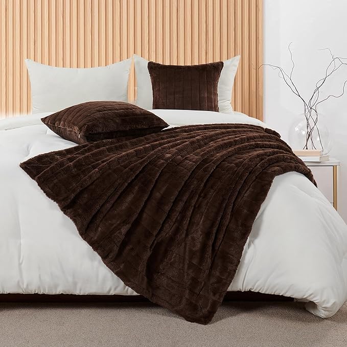Striped Throw Blanket and Pillow Covers Set (No Inserts) for Couch and Bed, Plush Warm Lightweight Fuzzy Faux Fur Blanket for All Seasons (60" x 80", Coffee Brown)