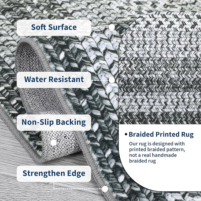 RUGSREAL 3x5 Area Rug, Washable Rug for Bedroom Braided Printed Throw Mat, Living Room Area Rug Non Slip Stain Resistant Small Dining Room Rug, Rustic Accent Small Carpet for Entryway Home Decor, Grey