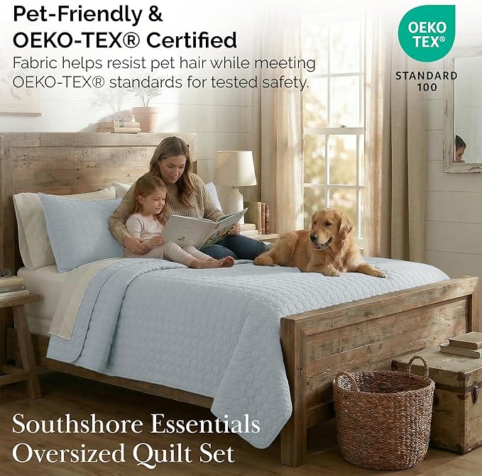 Southshore Fine Living, Inc. Oversized Bedding Quilt, Lightweight Bedding, Twin XL Bedspread, Soft Coverlet 2-Piece Set with One Matching Sham, All Season Twin/XL Quilt Set, Harbor Mist Blue