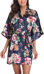 Women's Floral Satin Robes Bride Bridesmaid Getting Ready Robe Short Silky Kimono Sleepwear for Wedding Party