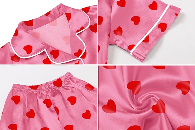 Umeyda Women & Girls Pajamas Set, Soft Satin Lightweight Silk Button-Down Top with Shorts 2 Piece PJS for Mom Boys Kids Gifts