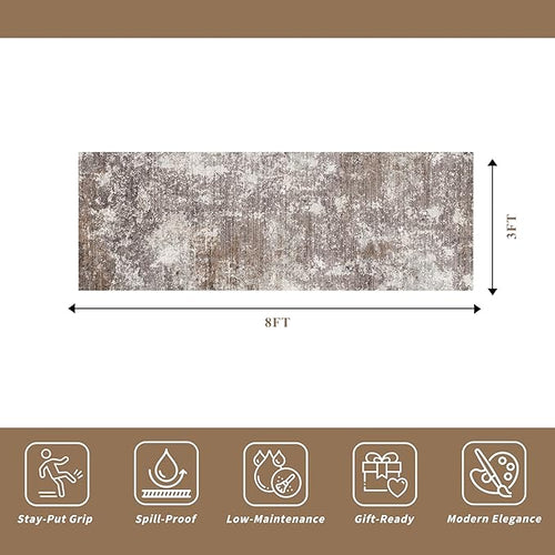 3x8 Non-Slip Washable Hallway Runner Rug – Abstract Modern Neutral Wide Carpet Runner for Kitchen, Entryway, Bedroom, Living Room with Rubber Backing – Low-Pile Thin Soft Throw Rug (Brown Beige,3x8)