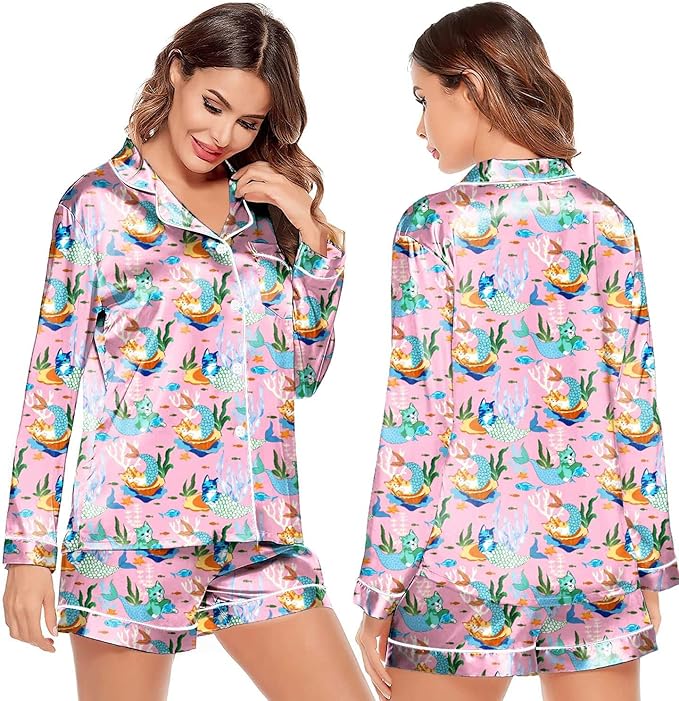 Ekouaer Satin Pajama Set for Women Button Down Pj Set Long Sleeve Top and Shorts 2 Piece Loungewear Summer Soft Sleepwear