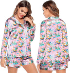 Ekouaer Satin Pajama Set for Women Button Down Pj Set Long Sleeve Top and Shorts 2 Piece Loungewear Summer Soft Sleepwear