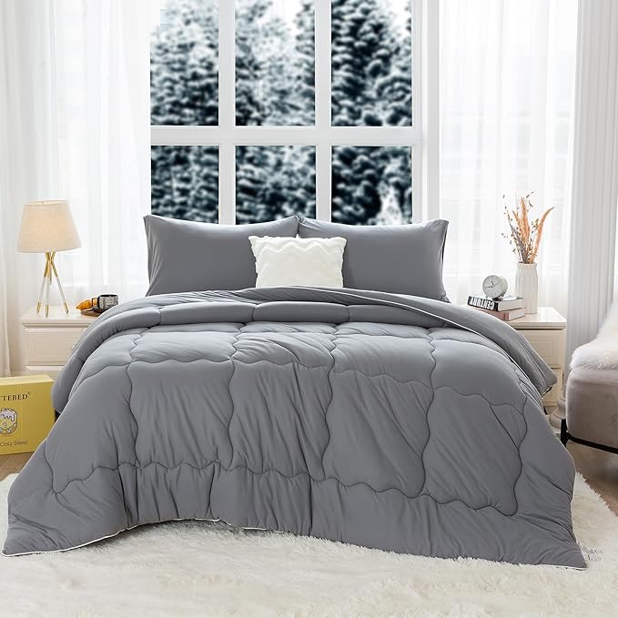 COTTEBED Ultra-Soft Winter King Size Comforter Set, Warm California Cal King Thick Milk Cup Cozy Fully Breathable Bedding 1 Down Alternative with 2 Pillowcase for Winter, Dark Gray