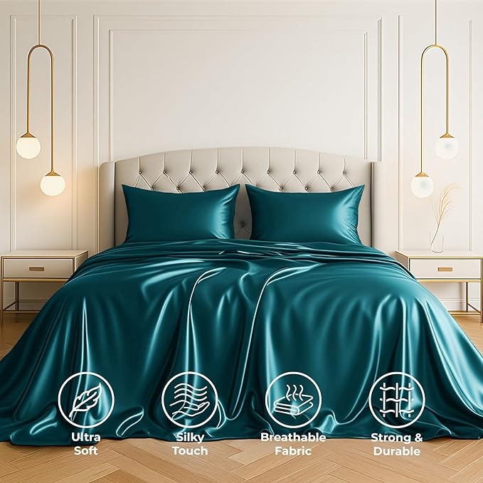 Satin Sheets California King [4-Piece, Teal] Luxury Silky Bed Sheets - Extra Soft 1800 Microfiber Sheet Set, Wrinkle, Fade, Stain Resistant - Deep Pocket Fitted Sheet, Flat Sheet, Pillow Cases