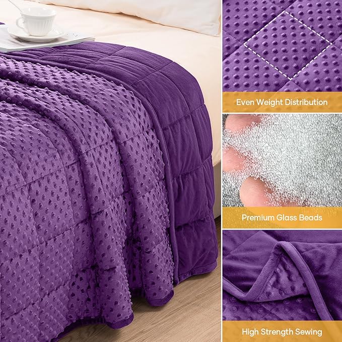 Wemore Minky Dot Weighted Blanket for Adults Queen Size 20 lbs, Soft Heavy Blanket for Stress Relief and Sleep Promotion, Breathable Blanket for All-Season with Glass Beads, Purple 60 x 80 inches