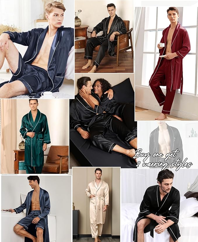 SWOMOG Men's Satin Robe 3 Pcs Silky Kimono Bathrobe Set Lightweight Soft Loungewear Nightwear