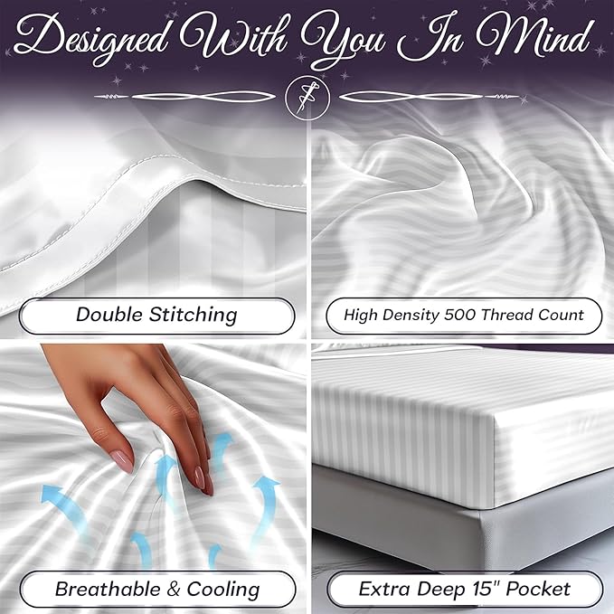 SLEEP SANCTUARY Satin Sheets King Size – 4 Piece Luxury Silky Bed Set, Softer Than Silk, 15" Deep Pocket, Cooling & Wrinkle-Free, Moisture-Wicking & Breathable for Hair & Skin (Striped White)