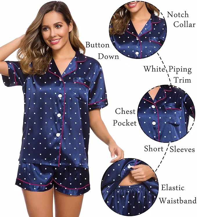 LecGee Womens Silk Satin Pajamas Short Sleeve Loungewear Two-Piece Sleepwear Button-Down Pj Set