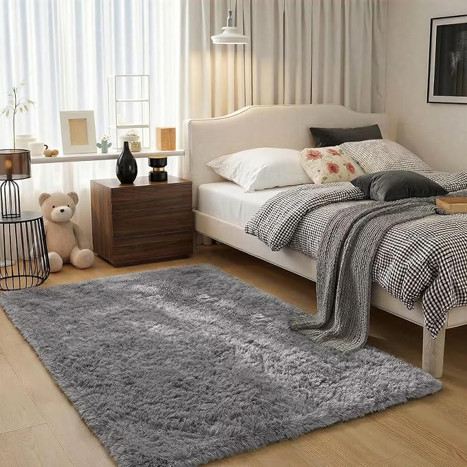 junovo 3x5 Grey Washable Area Rug for Boys Bedroom, Soft Non-Slip Fluffy Bedside Rugs, Shag Plush Memory Foam Carpet for Kids Room Baby Nursery Home Decor Aesthetic