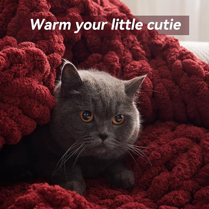 Negwoo Chunky Knit Throw Blanket, 50''*60'' Knitted Throw Chenille Yarn for Bed Couch, Handmade Red Crochet Big Thick Blanket, Machine Washable Cute Comfy Blanket for Home Decor