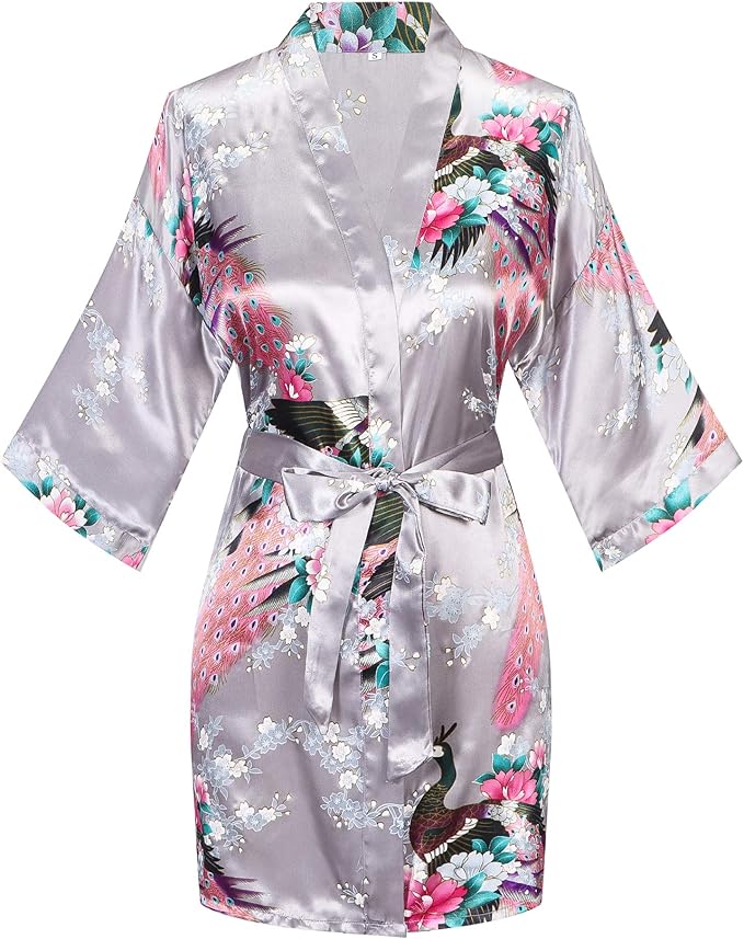 Women's Short Kimono Robes Bride and Bridesmaid Satin Floral Bathrobe Peacock Sleepwear Dressing Gown for Wedding Party