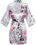 Women's Short Kimono Robes Bride and Bridesmaid Satin Floral Bathrobe Peacock Sleepwear Dressing Gown for Wedding Party