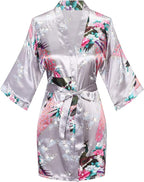 Women's Short Kimono Robes Bride and Bridesmaid Satin Floral Bathrobe Peacock Sleepwear Dressing Gown for Wedding Party