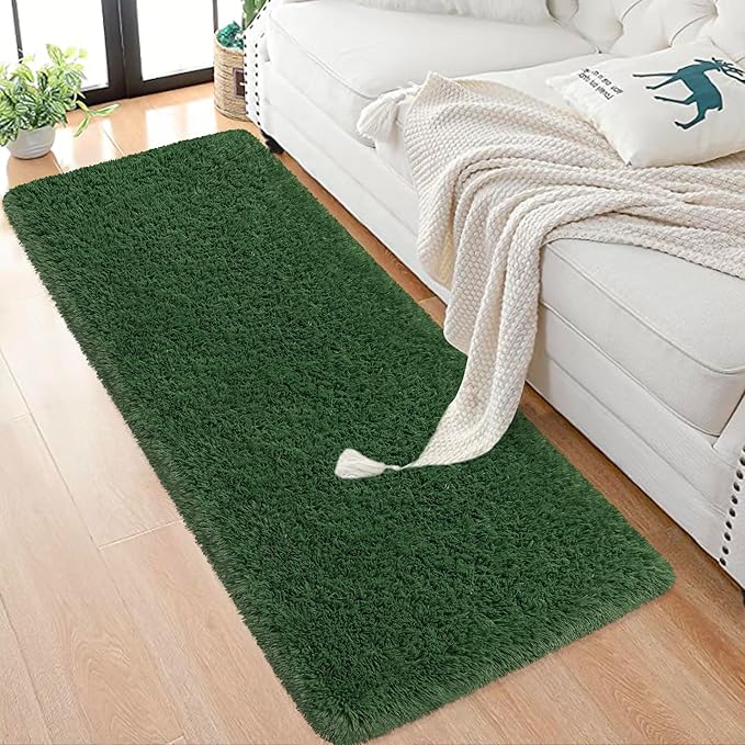 Runner Rug for Bedroom 2x6 Green Fluffy Shaggy Rug Soft Plush Fuzzy Area Rug Bedside Runners for Hallway Kids Nursery Dorm Playroom Living Room with Non Slip Modern Indoor Decor Carpet