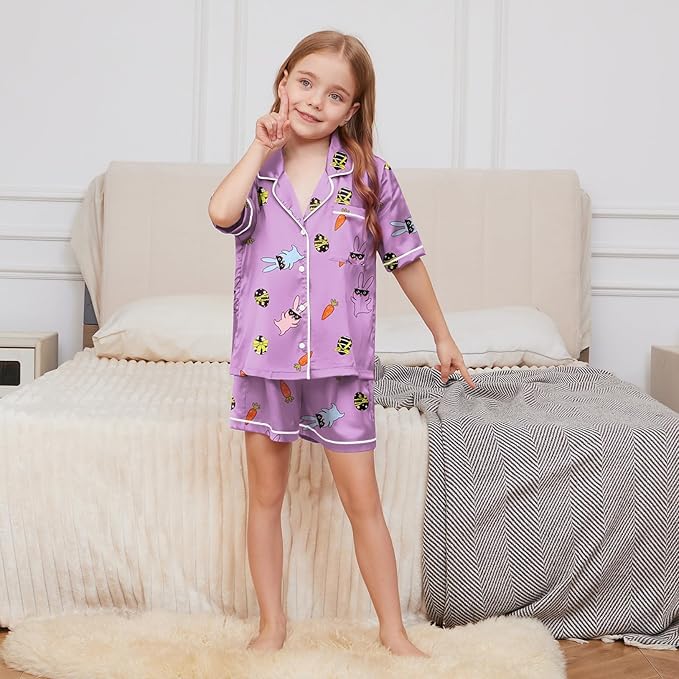 QPANCY Kids Satin Pajamas Sets Baby Boy Girl Button-Down Silk Sleepwear 2 Piece Short Sleeve Loungewear Clothes Set