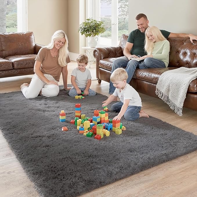 Shag Grey Rug 4x6 Area Rugs for Bedroom Dorm Living Room, Non-Slip Ultra Soft Fluffy Area Rugs for Kids Room, Girls Room, Study, Office, Playroom, Easy to Clean, Modern Carpet Décor