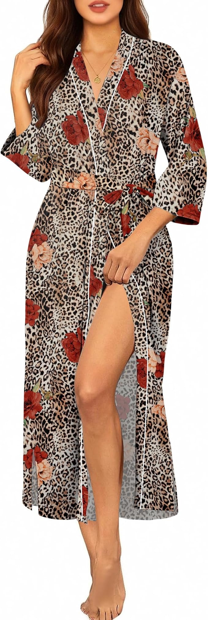 Ekouaer Robes for Women Long Knit Bathrobe Lightweight 3/4 Sleeves Kimono Robe Soft Sleepwear with Pockets S-XXL