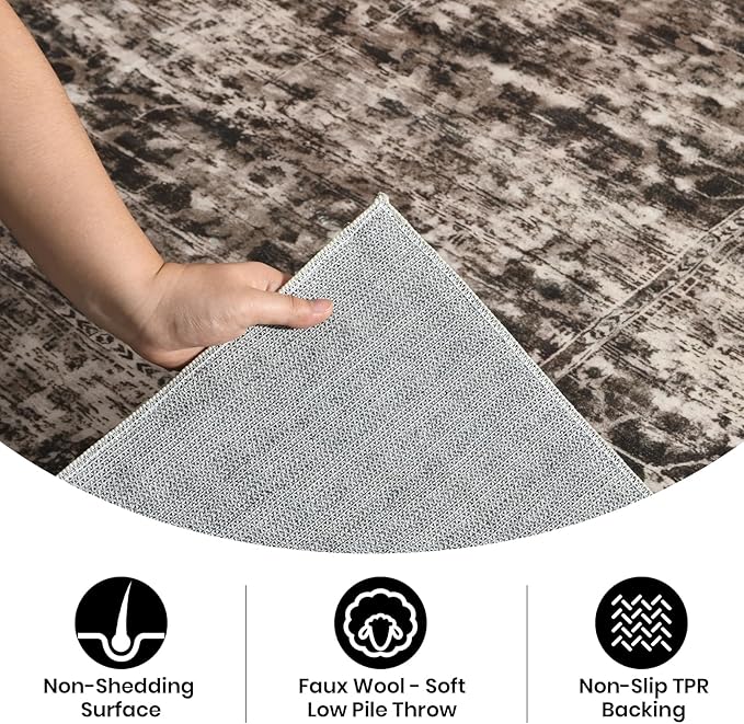 CRYPTOLITE Rugs for Living Room, 6x9 Large Area Rugs Ultra Soft Washable, Vintage Boho Faux Wool Carpet for Dining Room, Bedroom, Office, Home Decor (Brown)